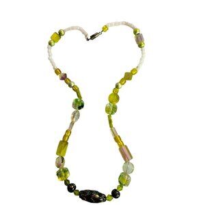 Green White Glass Beaded Necklace Magnetic Clasp Handmade